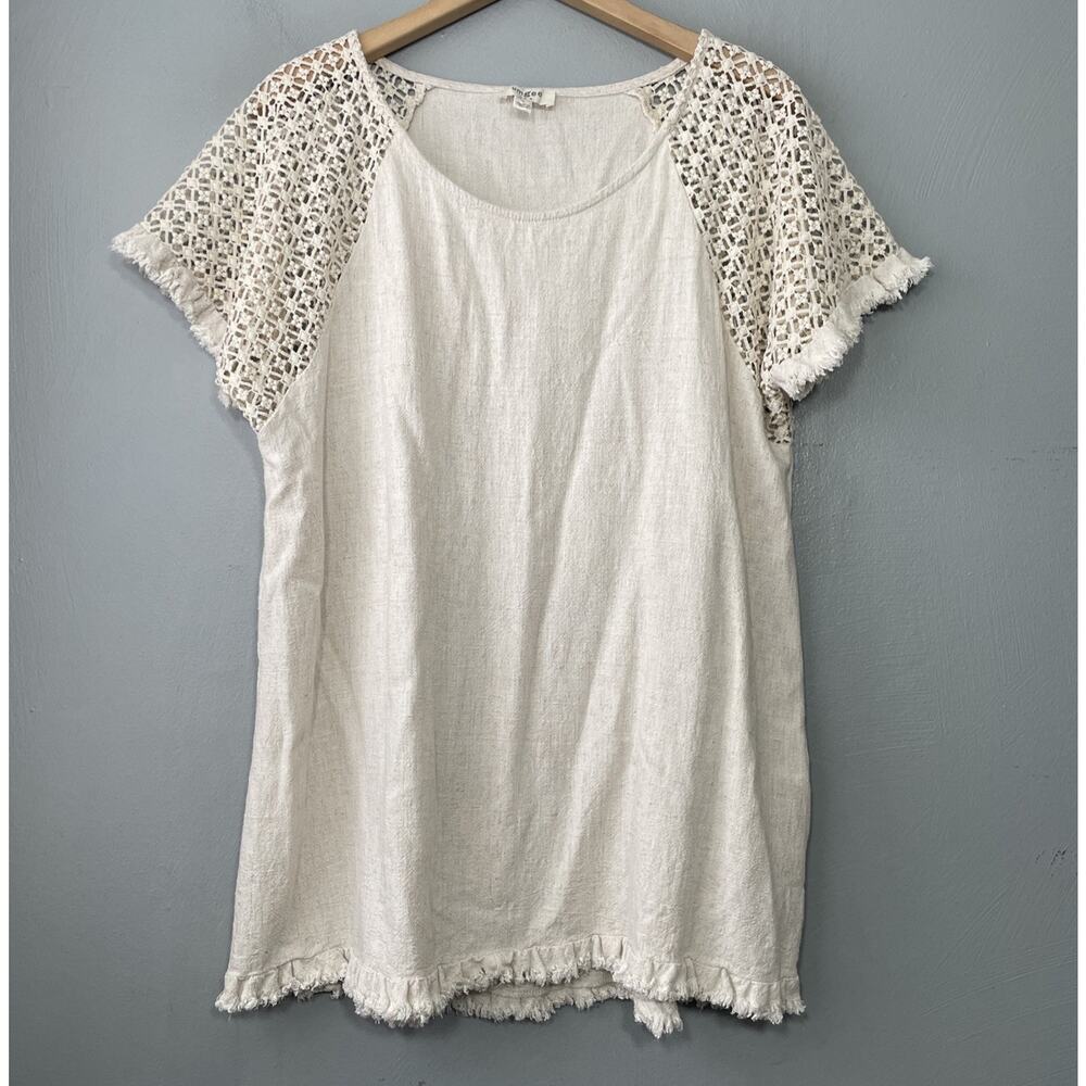 Umgee Top Size M Oatmeal Beige Linen Crochet Lace Boho Chic Minimalist Beach
